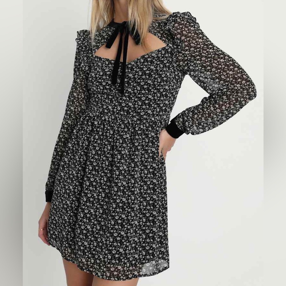 Lulus Posh Impression Black Floral Print Tie Neck Mini Dress